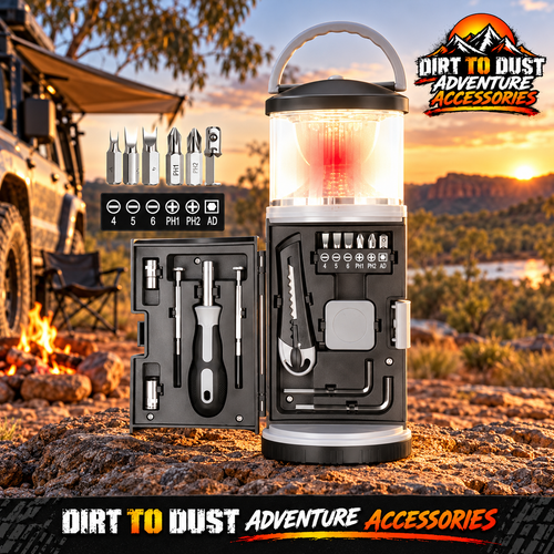 2-in-1 black LED camping lantern and 15-piece tool kit at an Australian campsite with Dirt to Dust Adventure Accessories branding