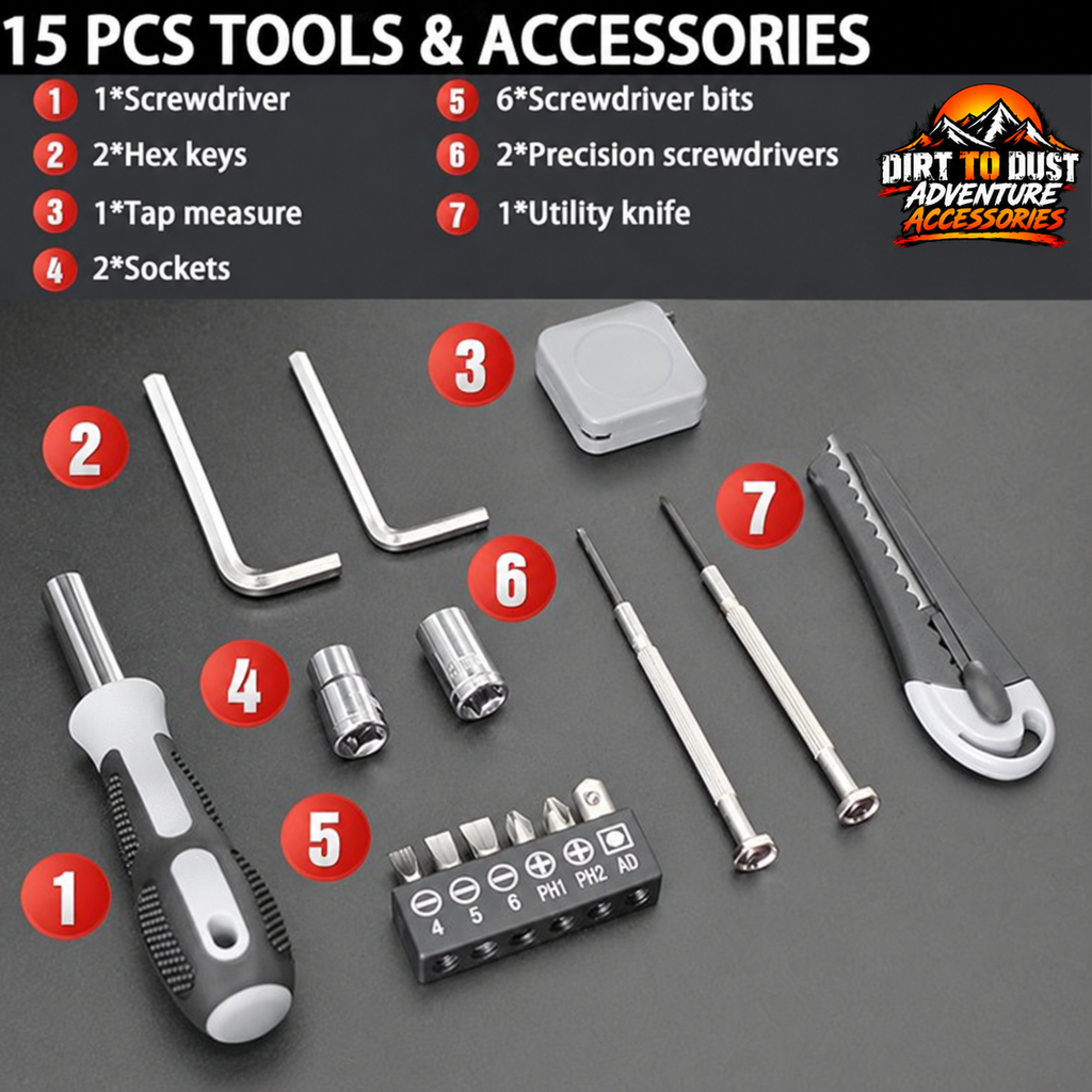 15-piece tool contents for the black 2-in-1 LED camping lantern tool kit with Dirt to Dust Adventure Accessories branding