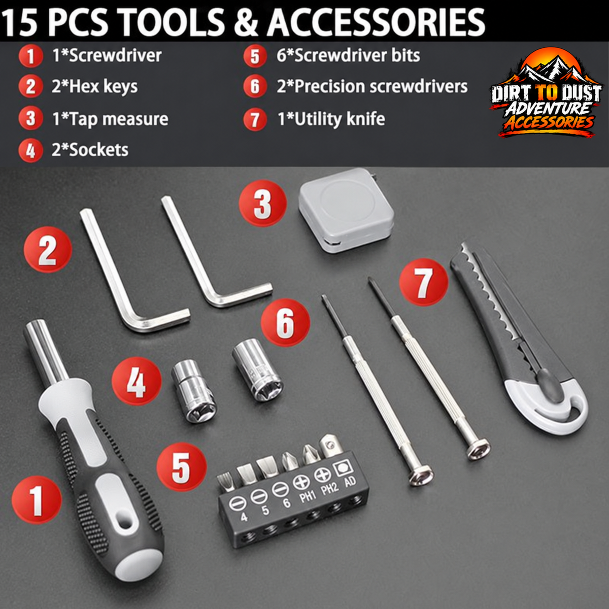 15-piece tool contents for the black 2-in-1 LED camping lantern tool kit with Dirt to Dust Adventure Accessories branding