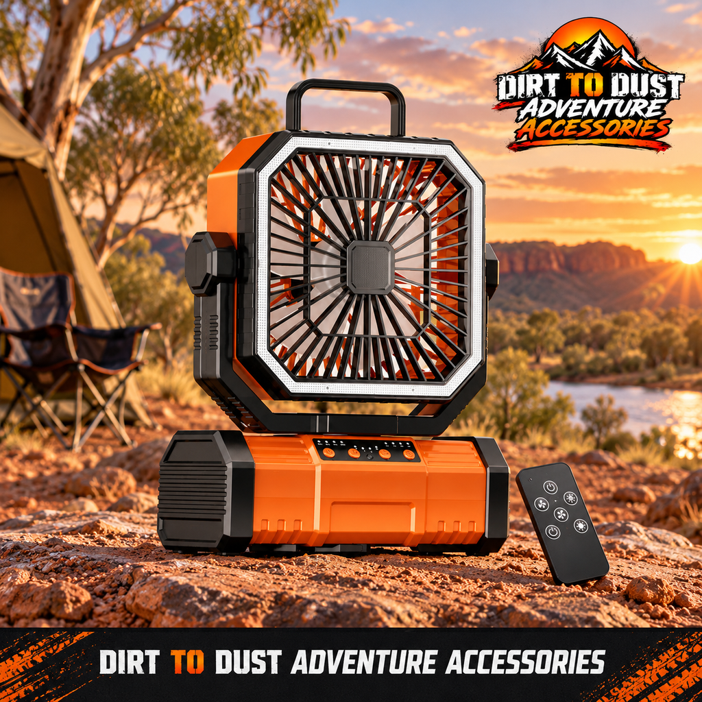 Orange rechargeable 20000mAh camping fan with LED light and remote in an Australian outdoor campsite with Dirt to Dust Adventure Accessories branding