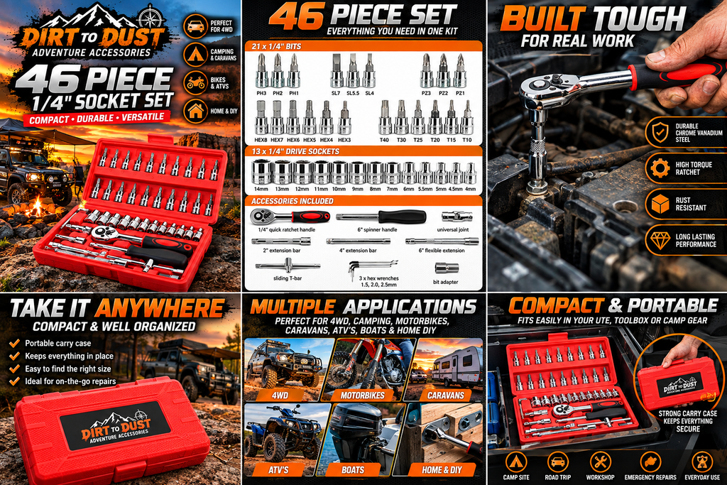 Dirt to Dust Adventure Accessories 46-Piece Tool Kit – Ratchet, Sockets & Bits