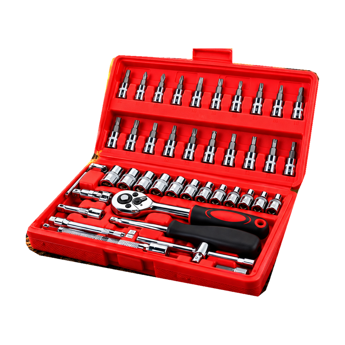 Red carry case containing a ratchet, sockets and bits