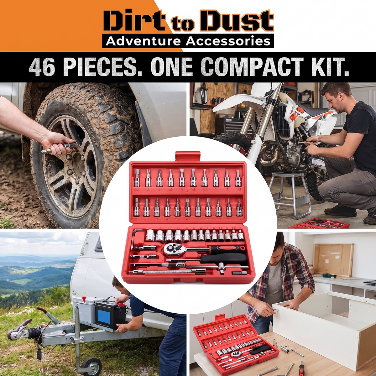 Dirt to Dust Adventure Accessories 46-Piece Tool Kit – Ratchet, Sockets & Bits