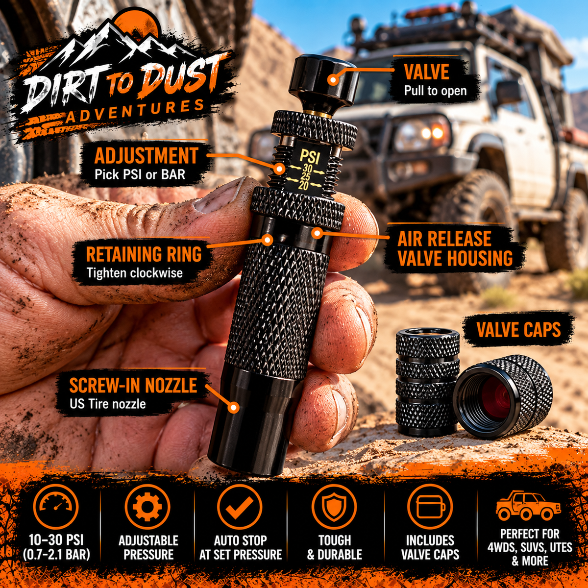 Dirt to Dust Automatic 4WD Tyre Deflators – 4 Pack | Adjustable 10–30 PSI Auto-Stop