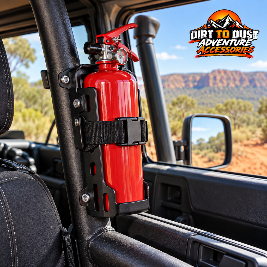 Quick-release fire extinguisher roll bar mount branded advertising image