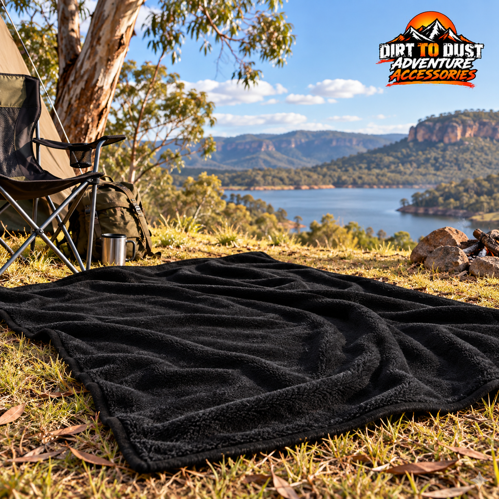 Portable black outdoor camping blanket branded advertising image