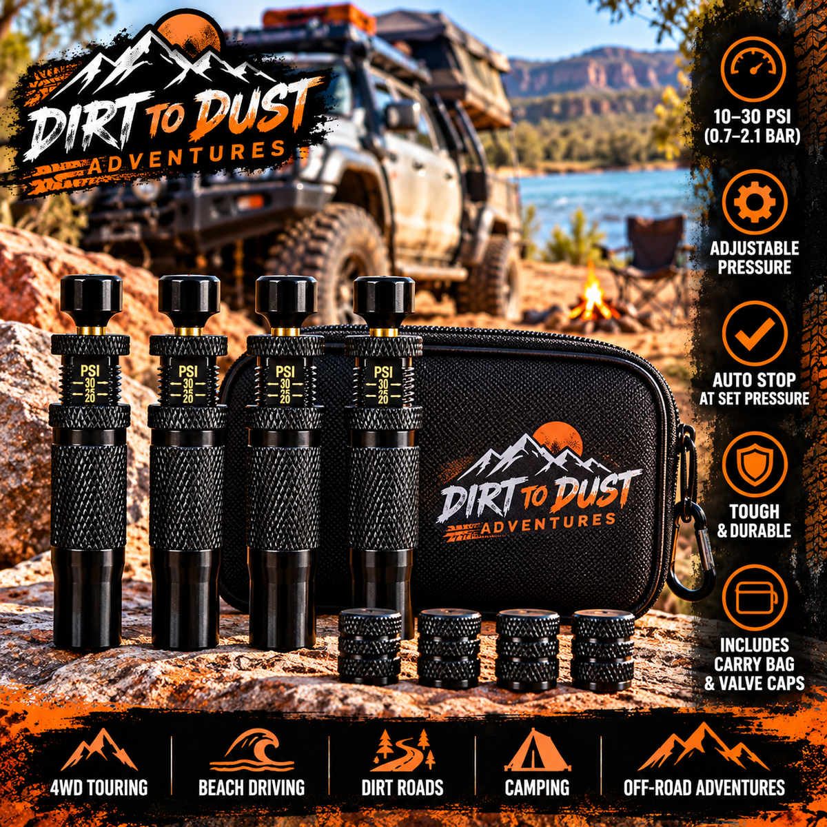 Dirt to Dust Automatic 4WD Tyre Deflators – 4 Pack | Adjustable 10–30 PSI Auto-Stop