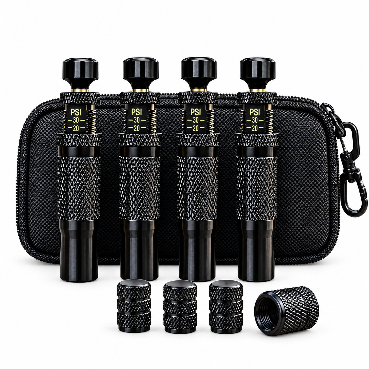Four tyre deflators, four valve caps and a carry case