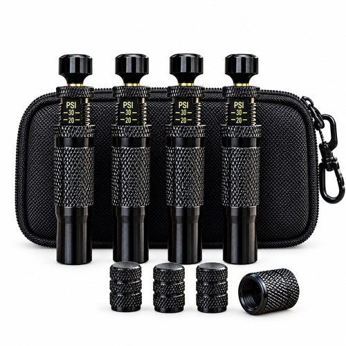 Four tyre deflators, four valve caps and a carry case