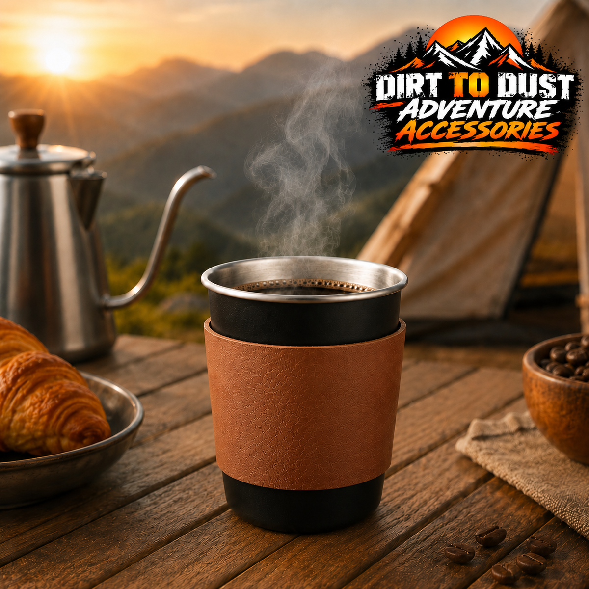 Black 350 ml camping cup with tan sleeve at a campsite, with Dirt to Dust Adventure Accessories logo