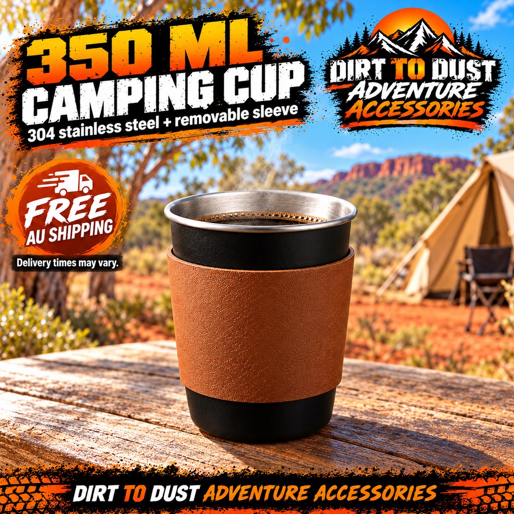Black 350 ml stainless steel camping cup with tan sleeve at a sunny campsite, with Dirt to Dust Adventure Accessories branding and free Australian shipping
