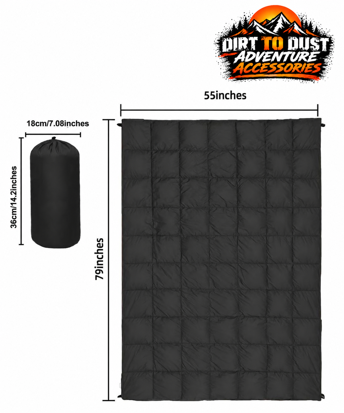 Black camping blanket dimensions approximately 200 x 140 cm, with an 18 x 36 cm storage bag