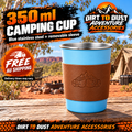 Blue 350 ml stainless steel camping cup with tan removable sleeve and Dirt To Dust Adventure Accessories branding.