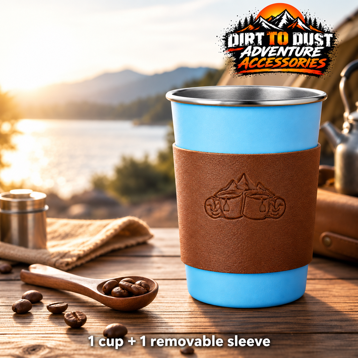 Blue camping cup with tan removable sleeve on a campsite table; one cup and one sleeve included.