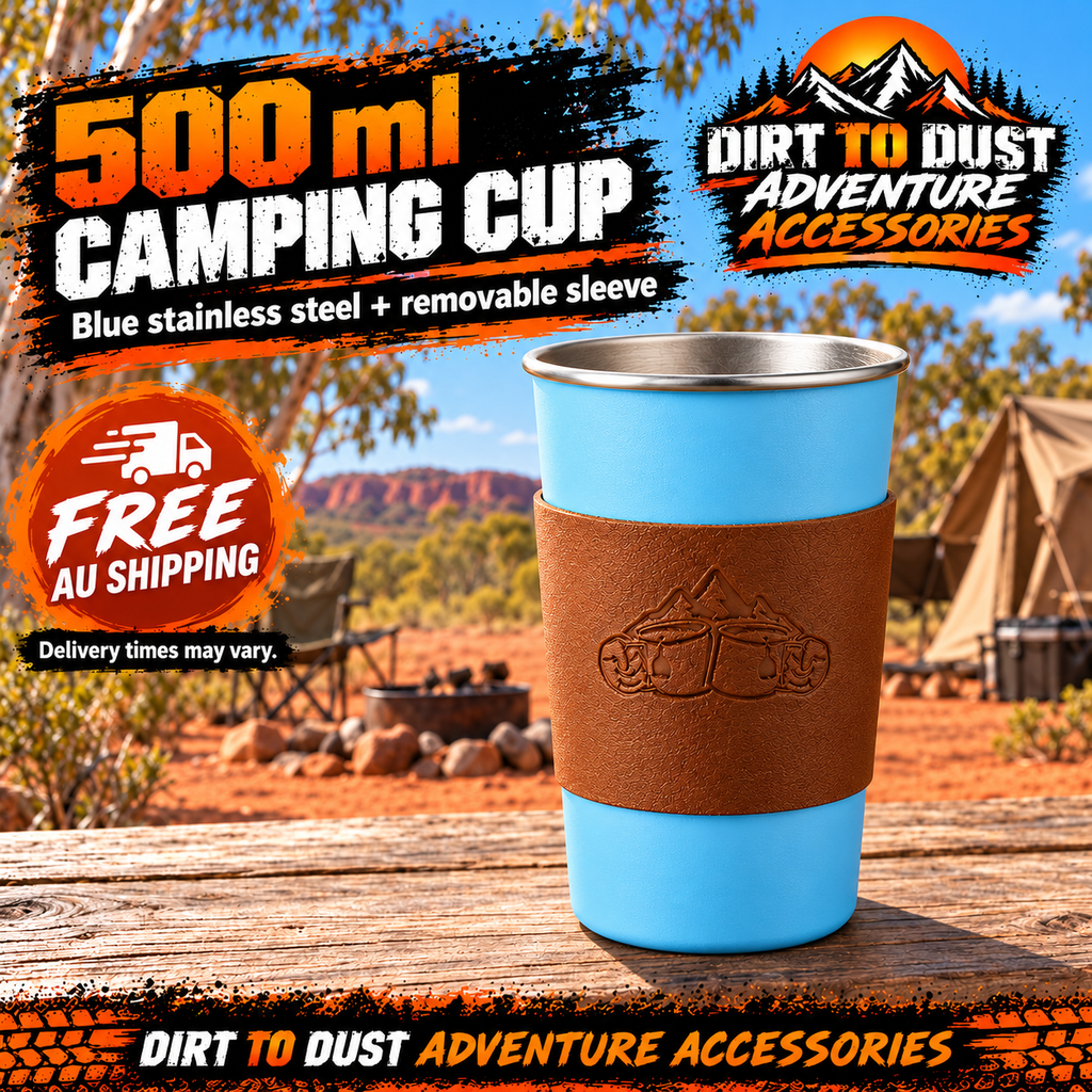 Blue 500 ml stainless steel camping cup with tan removable sleeve and Dirt To Dust Adventure Accessories branding.