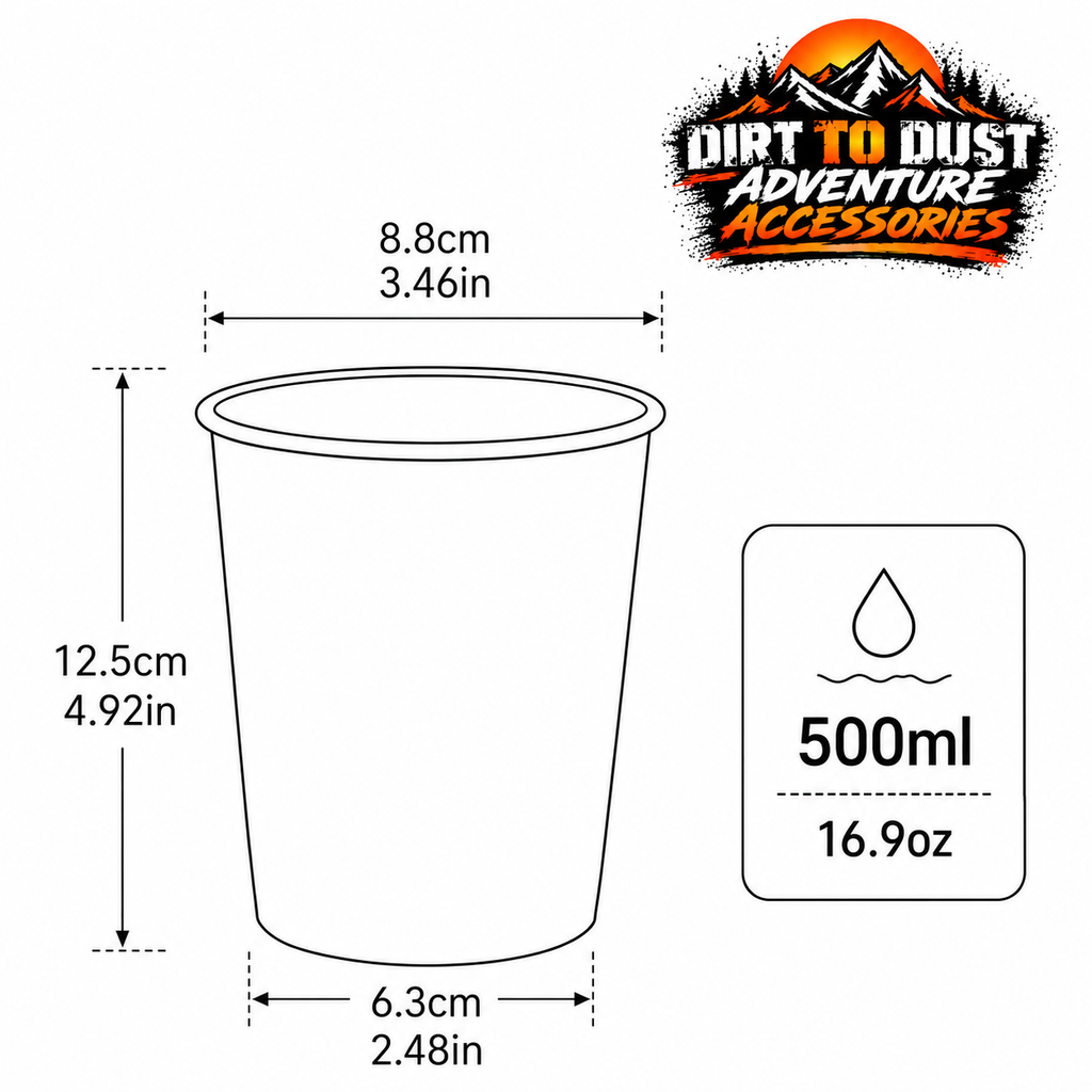 500 ml camping cup dimensions: 8.8 cm rim diameter, 6.3 cm base diameter and 12.5 cm height.