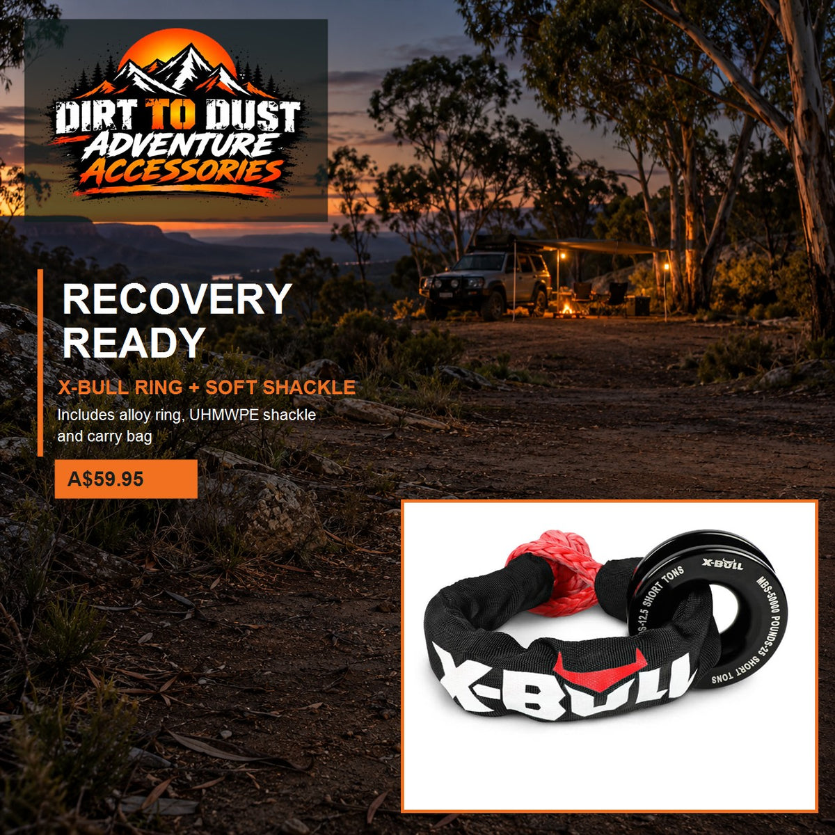 X-BULL 4WD recovery ring and soft shackle kit shown in an Australian campsite setting