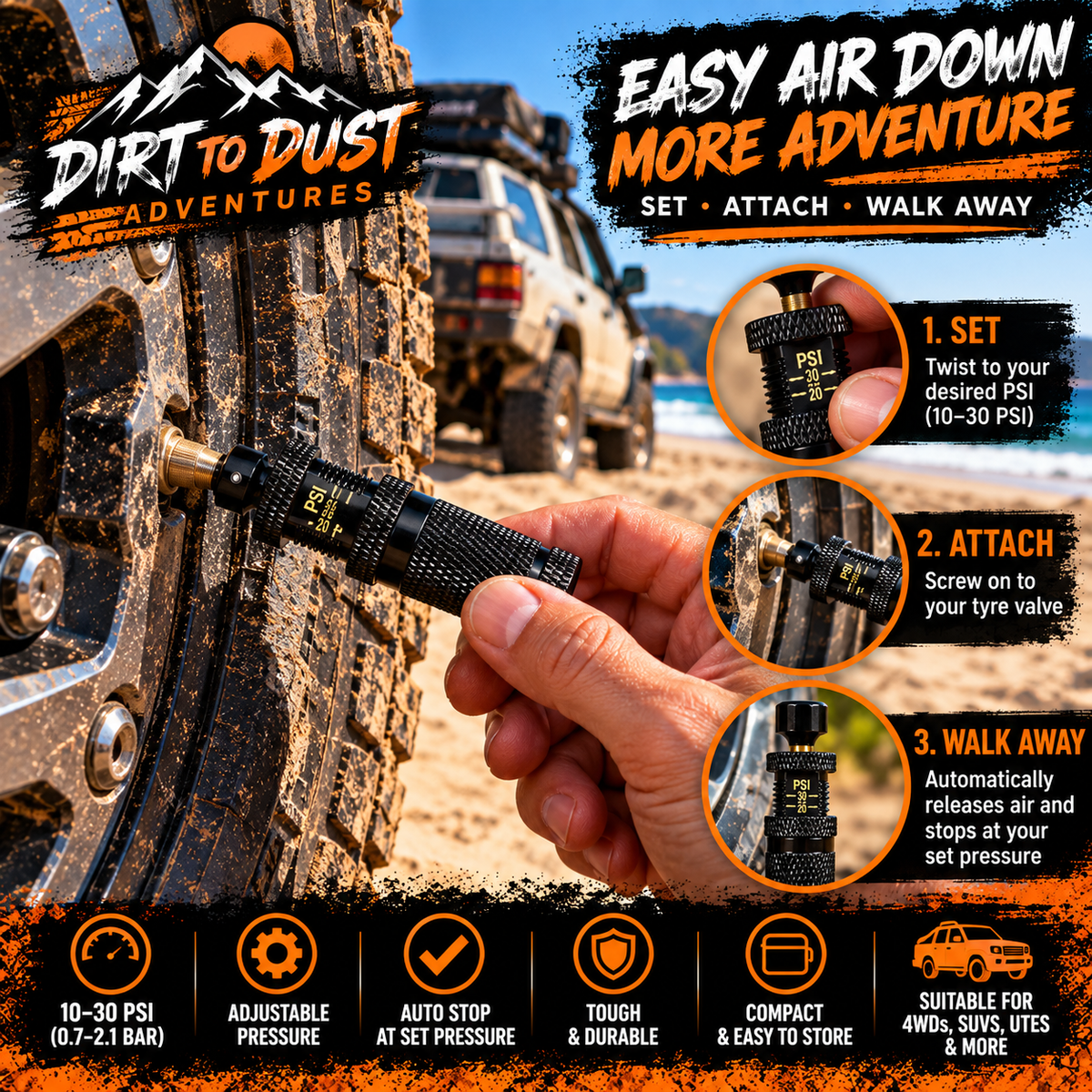 Dirt to Dust Automatic 4WD Tyre Deflators – 4 Pack | Adjustable 10–30 PSI Auto-Stop