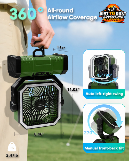 Green rechargeable camping fan showing airflow coverage, oscillation, tilt and dimensions with Dirt to Dust Adventure Accessories branding