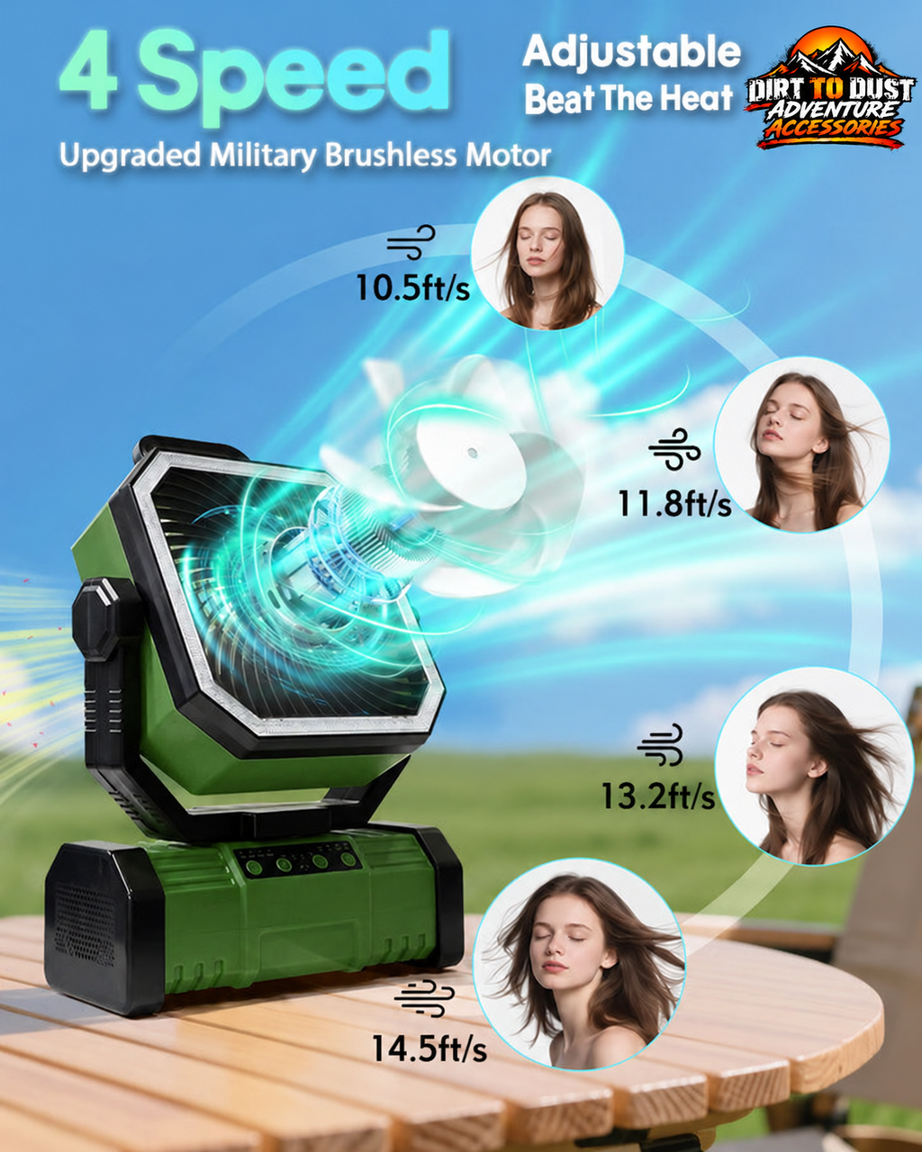 Green rechargeable camping fan showing four speed airflow levels with Dirt to Dust Adventure Accessories branding