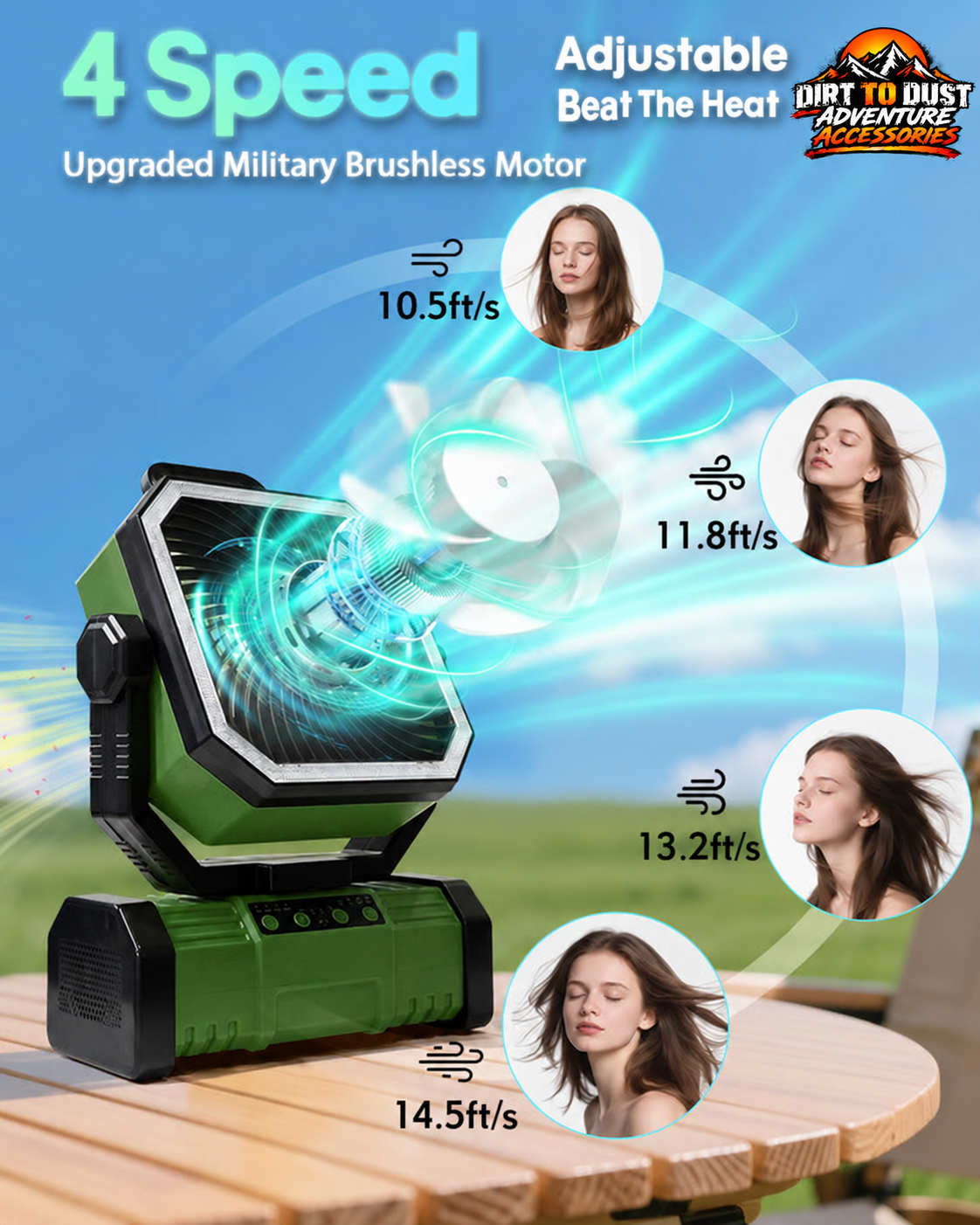 Green rechargeable camping fan showing four speed airflow levels with Dirt to Dust Adventure Accessories branding