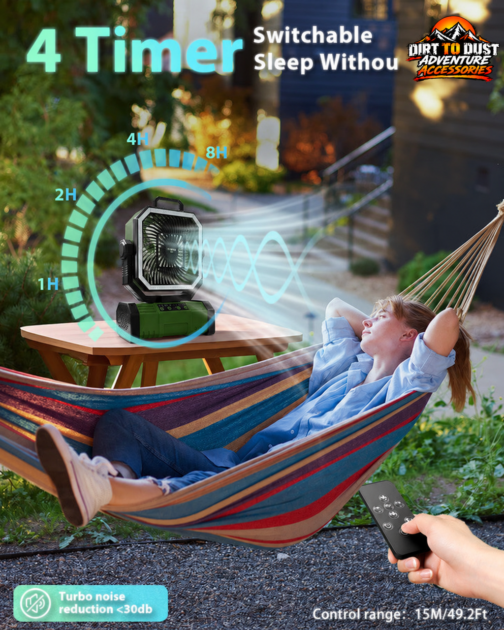 Green rechargeable camping fan with timer, remote control and hanging use with Dirt to Dust Adventure Accessories branding