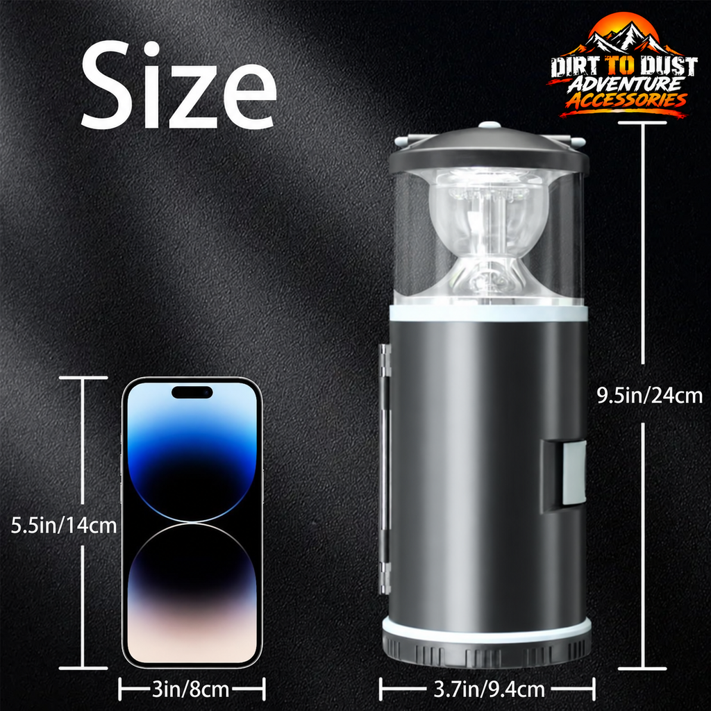 Black 2-in-1 LED camping lantern with size comparison and Dirt to Dust Adventure Accessories branding