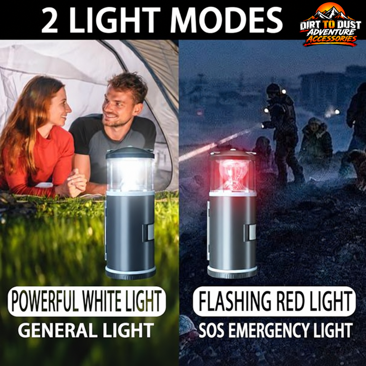 Black LED camping lantern showing white general light and red SOS emergency light modes with Dirt to Dust Adventure Accessories branding