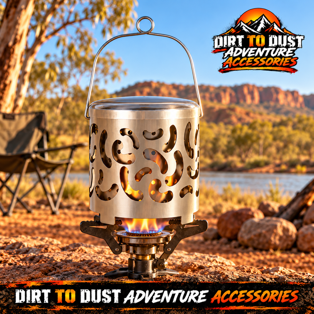 Portable stainless steel camping stove heater cover on a compact outdoor stove with Dirt to Dust Adventure Accessories branding