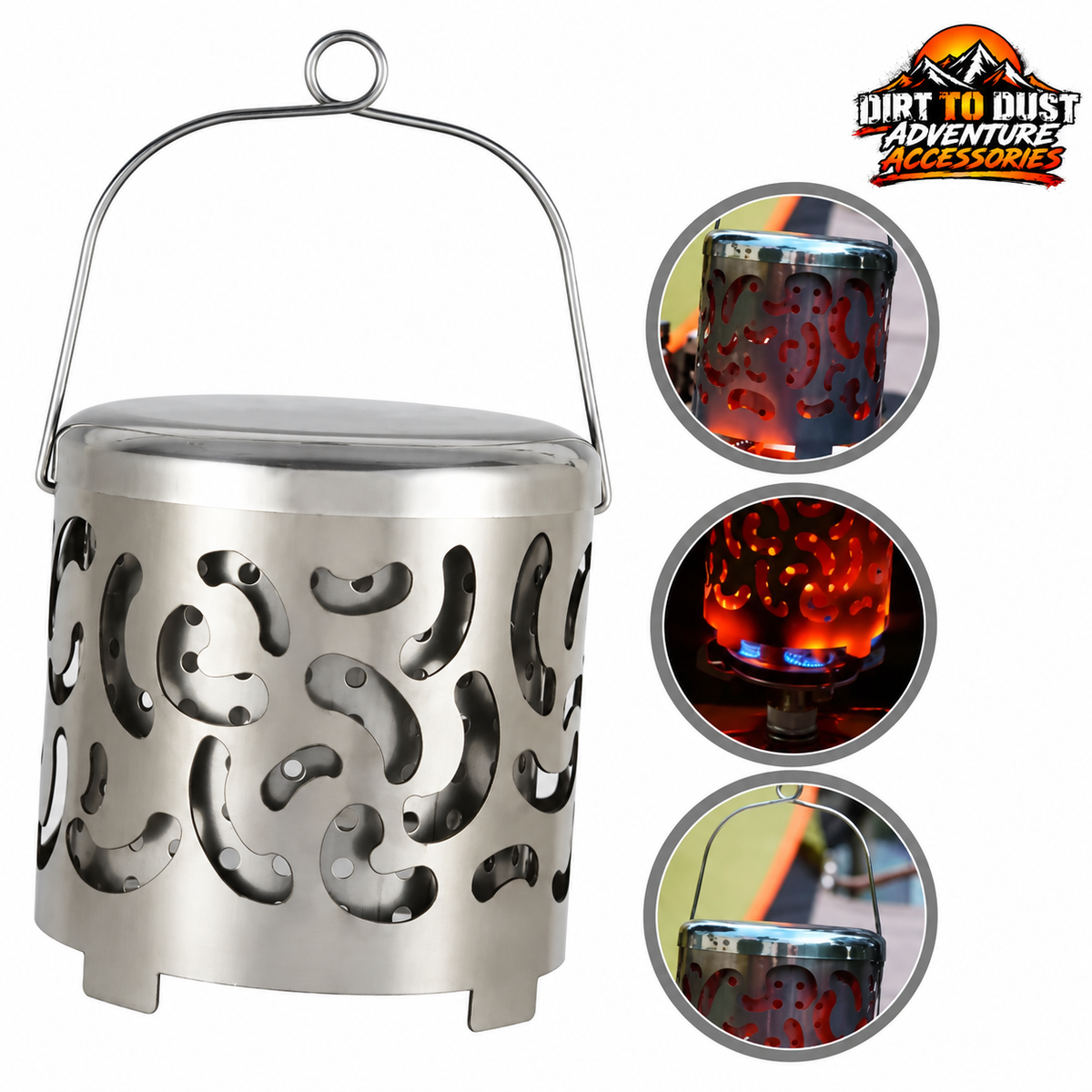 Portable stainless steel camping stove heater cover with carry handle and product callouts, branded for Dirt to Dust Adventure Accessories