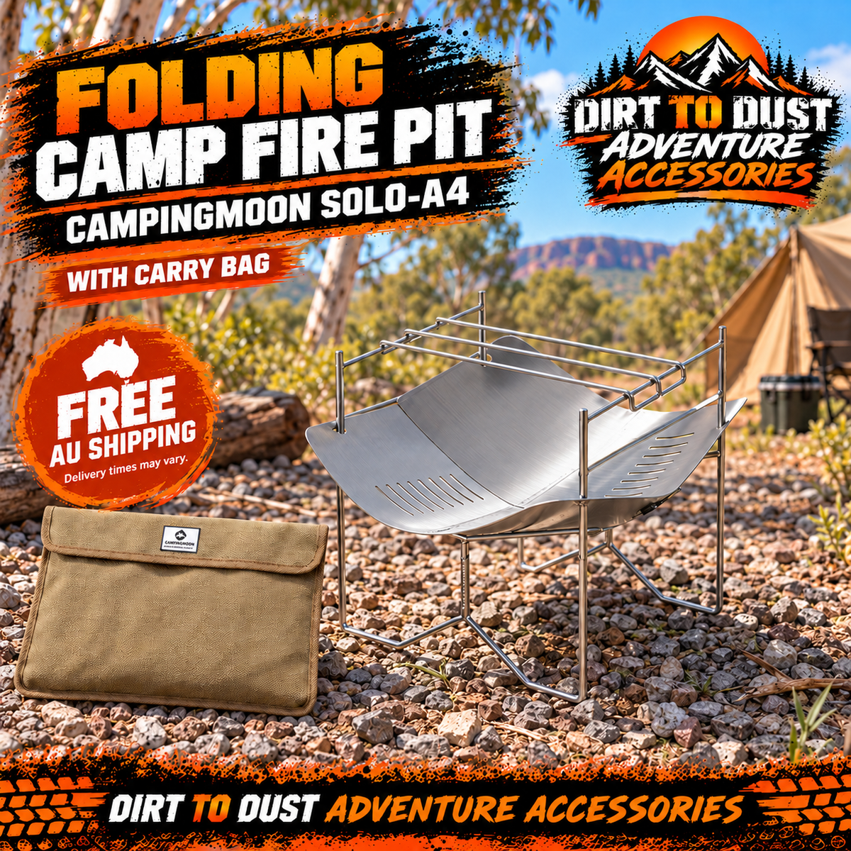 CAMPINGMOON SOLO-A4 folding fire pit, narrow pot stand and carry bag at an Australian campsite