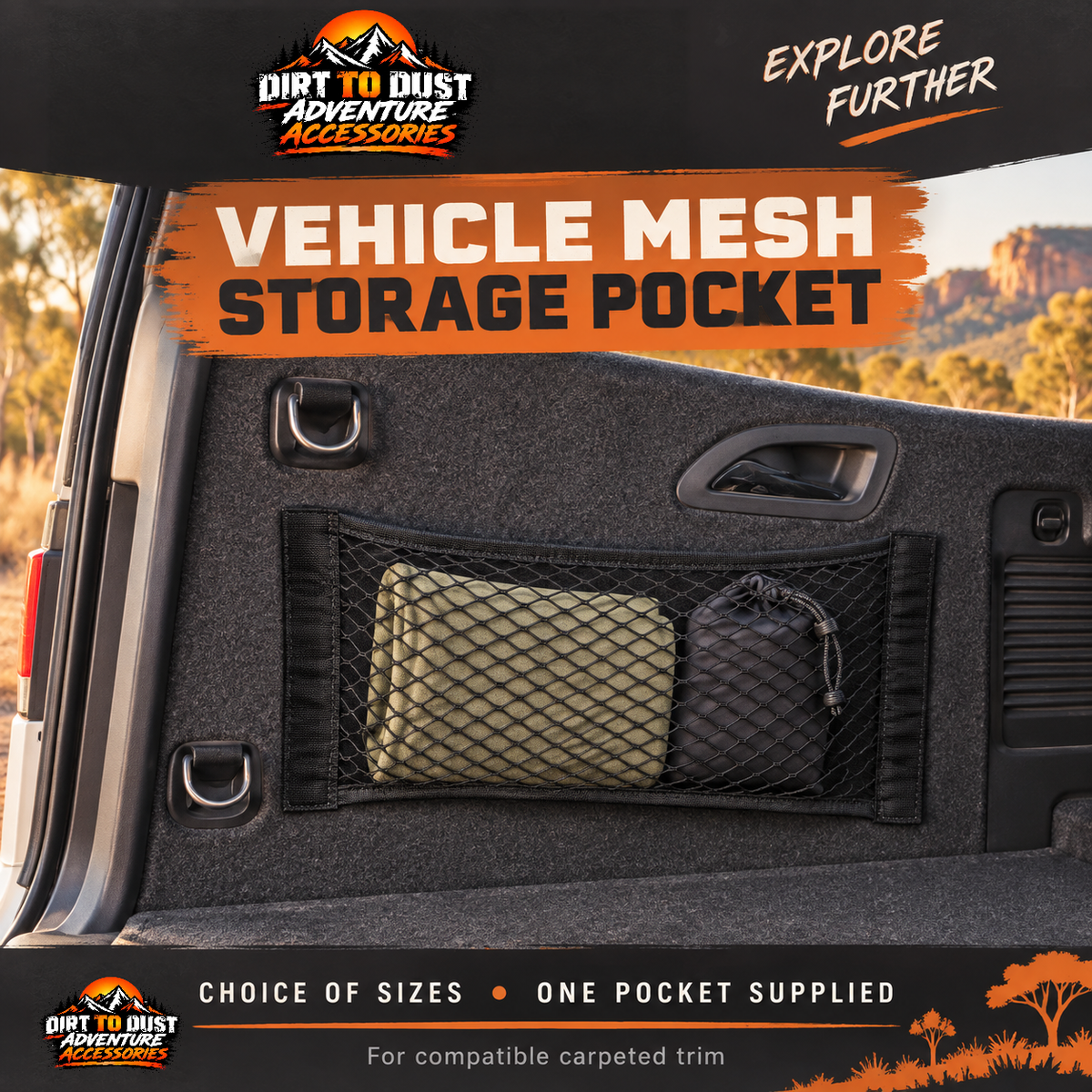 Vehicle Mesh Storage Pocket – Choice of Sizes | Dirt to Dust Adventure Accessories