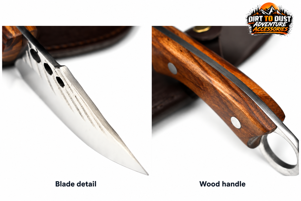 Close-up views of the stainless-steel blade and wood handle