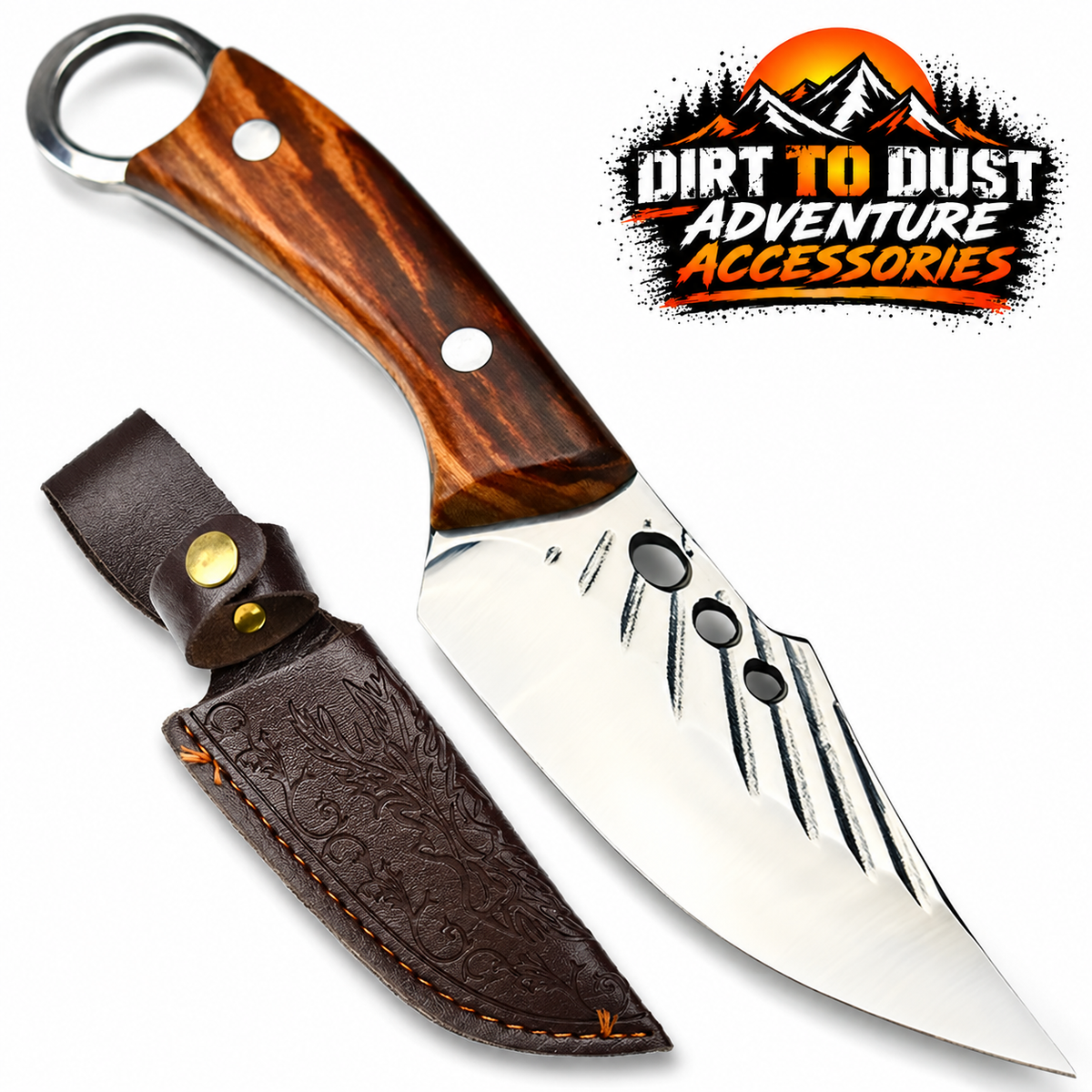 Compact wood-handle camping kitchen knife with fitted brown PU sheath