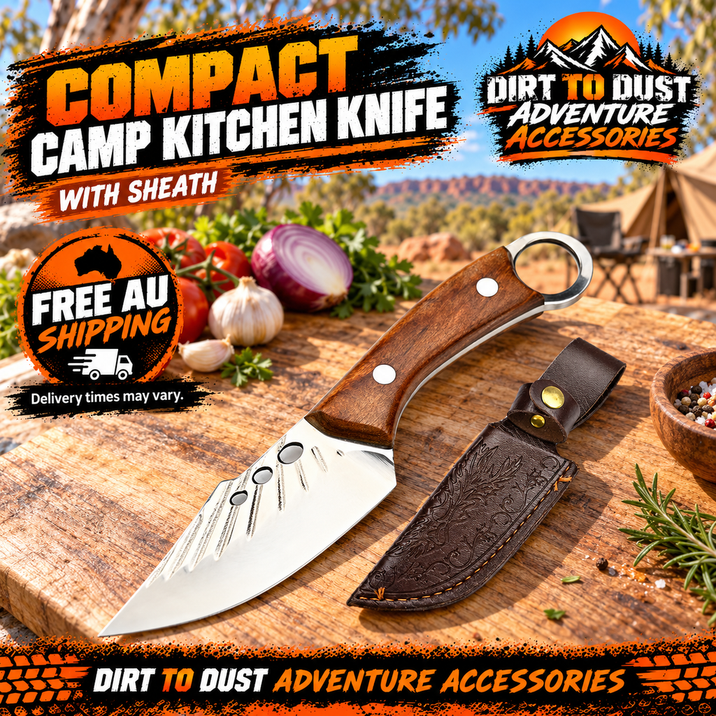 Compact camping kitchen knife and sheath on a cutting board at a sunny Australian campsite