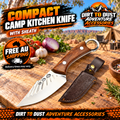Compact camping kitchen knife and sheath on a cutting board at a sunny Australian campsite