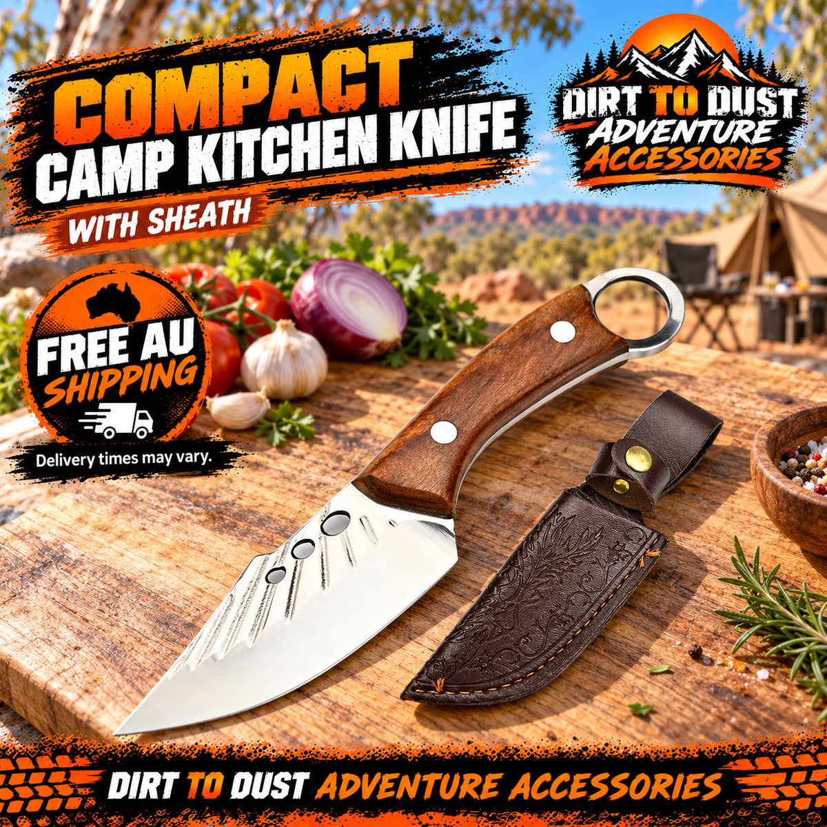 Compact camping kitchen knife and sheath on a cutting board at a sunny Australian campsite