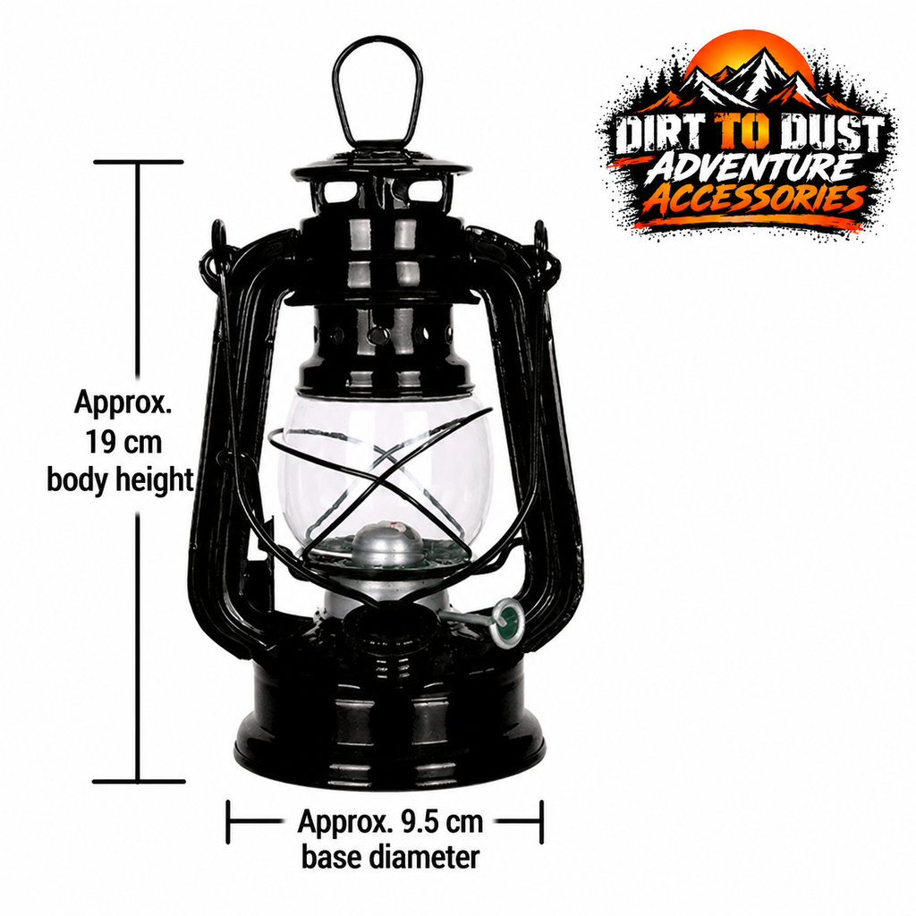 Black kerosene lantern showing approximate 19 cm body height and 9.5 cm base diameter