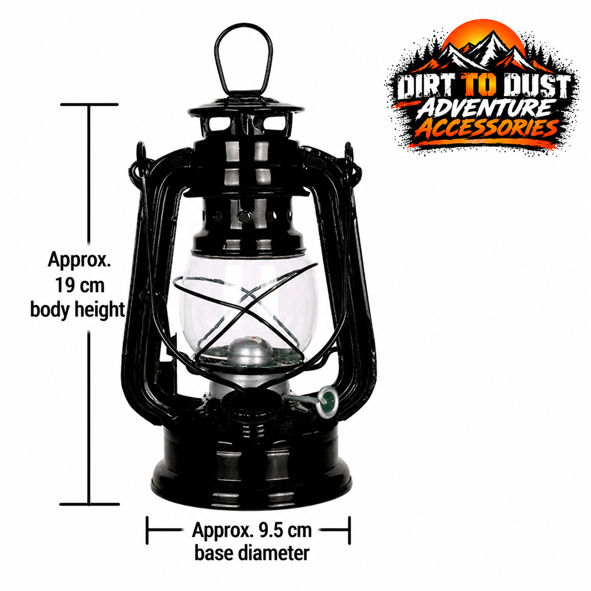Black kerosene lantern showing approximate 19 cm body height and 9.5 cm base diameter