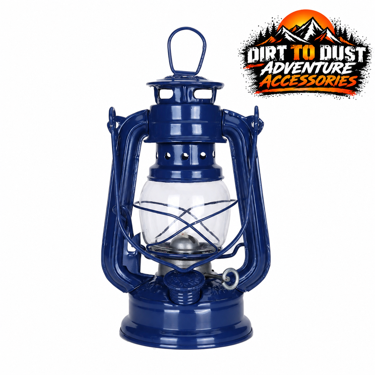 Dark Blue kerosene lantern with glass globe and wire guard