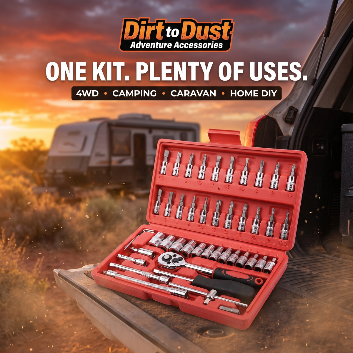 Dirt to Dust Adventure Accessories 46-Piece Tool Kit – Ratchet, Sockets & Bits