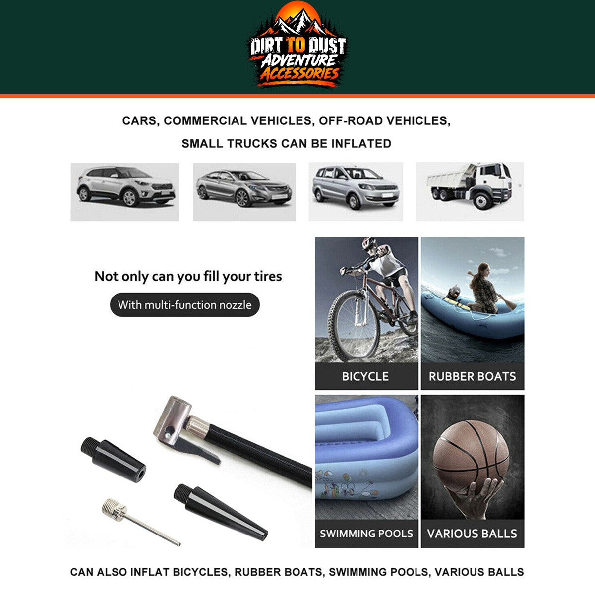 Compressor inflation adaptors for tyres and compatible inflatables.