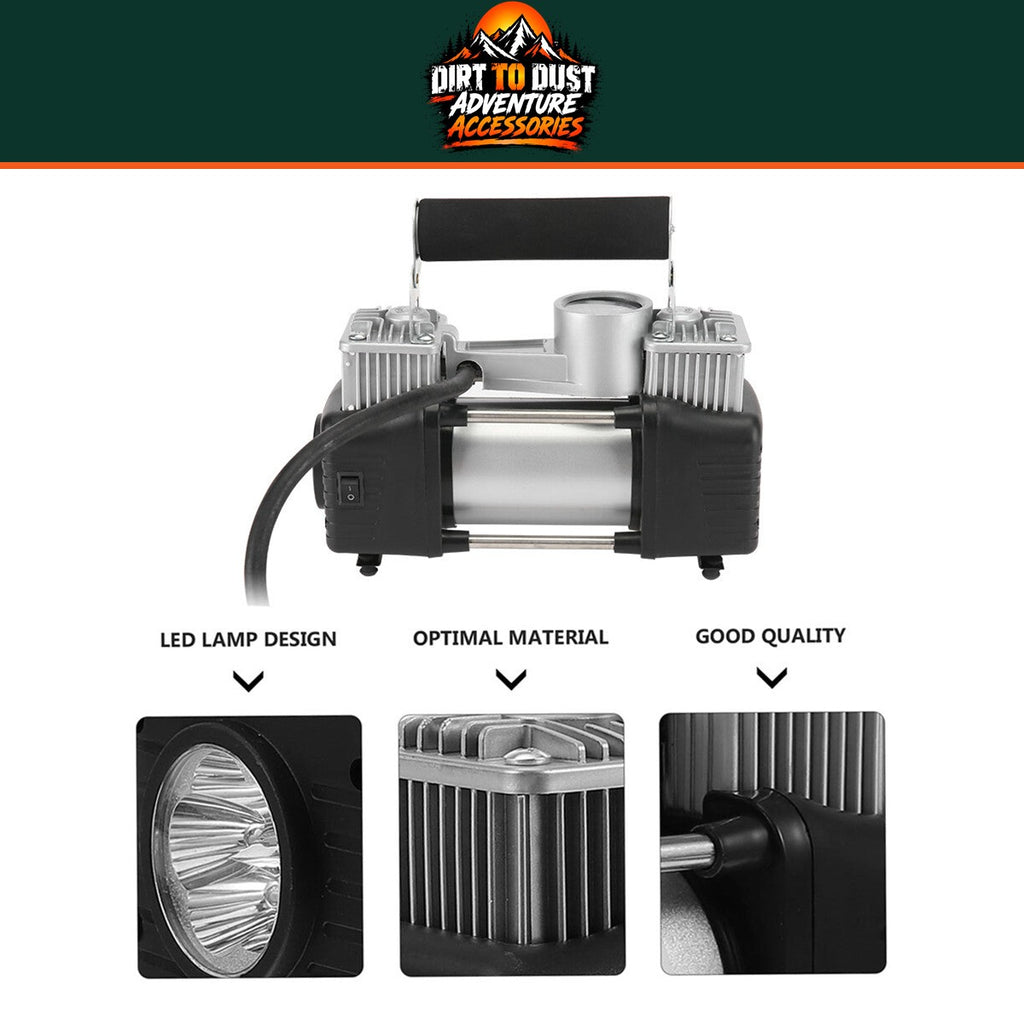 Compressor handle, gauge, twin-cylinder fins and LED light detail.
