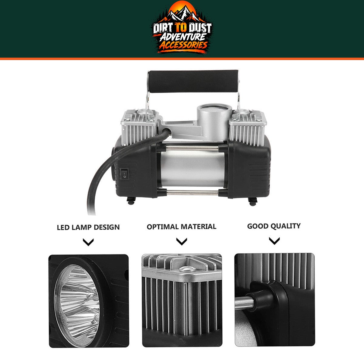 Compressor handle, gauge, twin-cylinder fins and LED light detail.