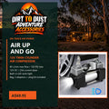 Dirt to Dust 12V twin-cylinder 4WD air compressor with 85 L/min max airflow, 150 PSI, built-in LED light and accessory kit.