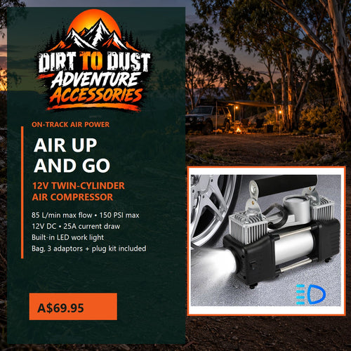 Dirt to Dust 12V twin-cylinder 4WD air compressor with 85 L/min max airflow, 150 PSI, built-in LED light and accessory kit.