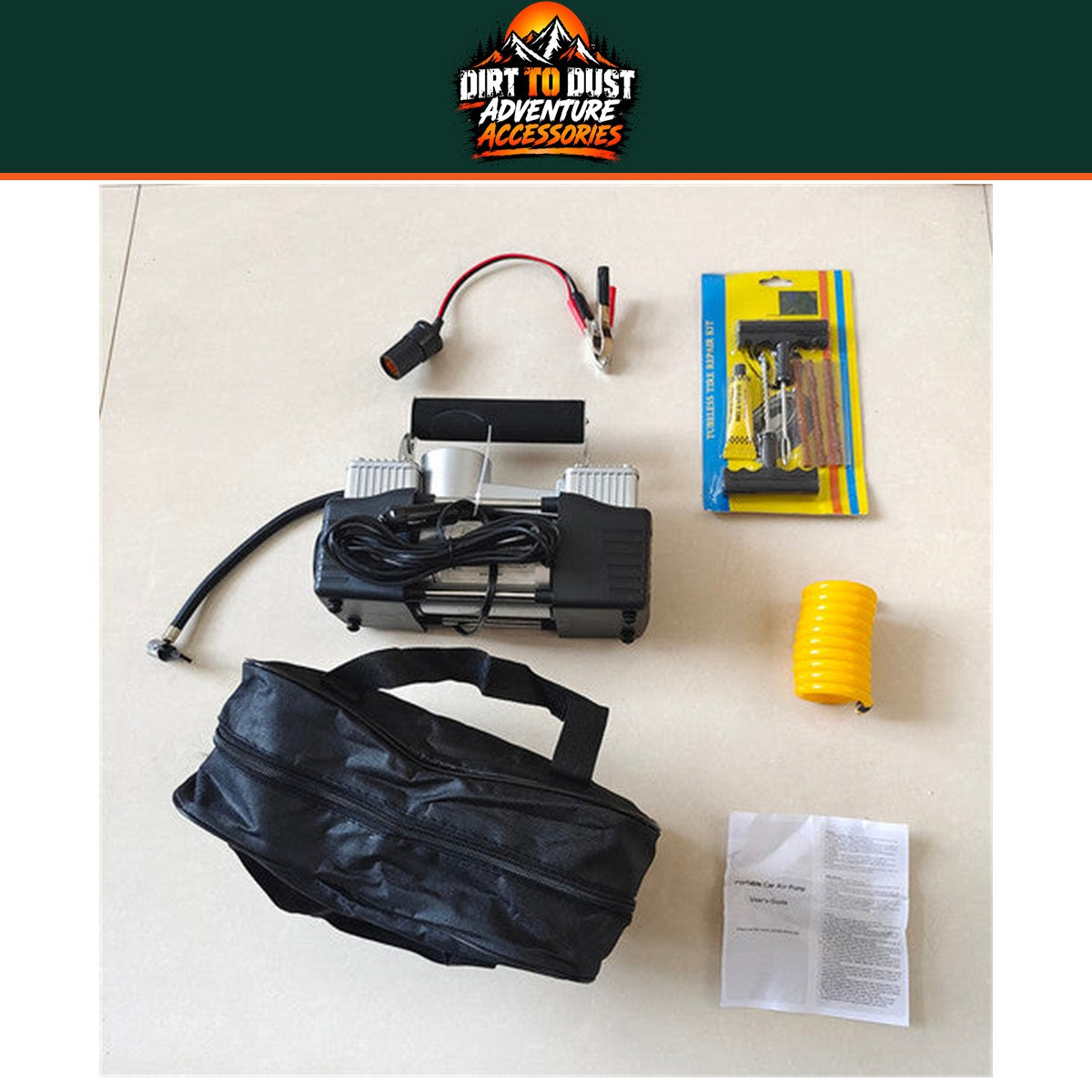 Included compressor, battery clips, coiled hose, carry bag, adaptors and tyre plug kit.