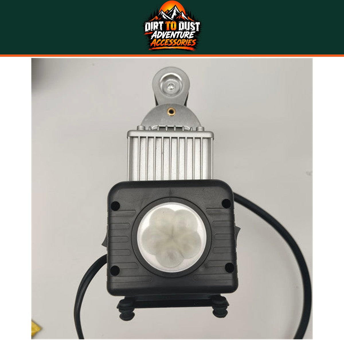 Front view of the 12V compressor with its built-in LED work light.