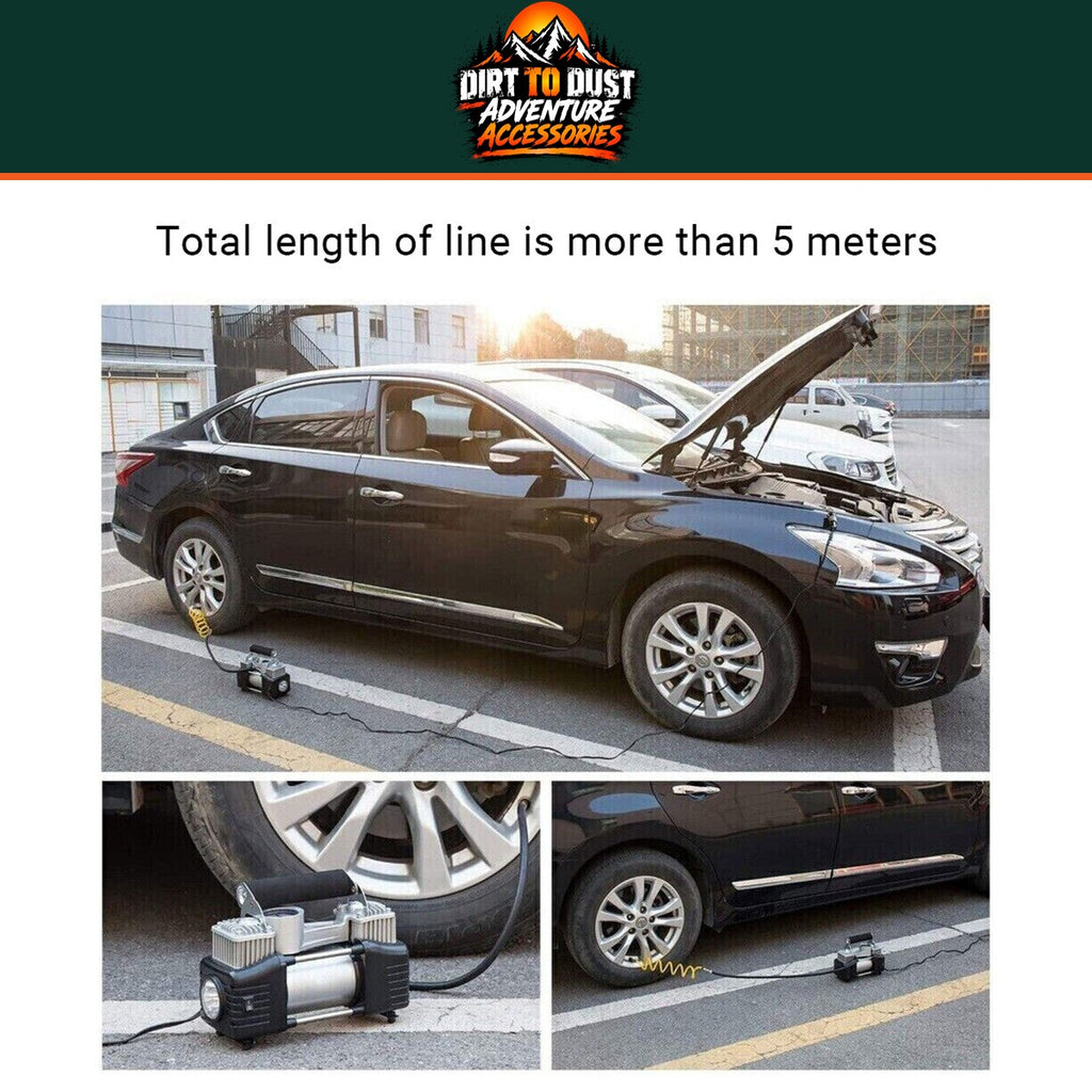 Portable 12V compressor connected to a vehicle tyre.