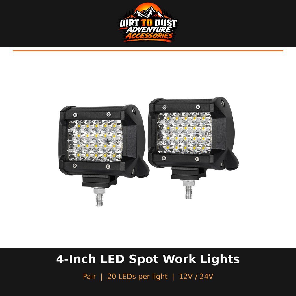 Dirt to Dust branded image of the pair of 4-inch LED spot work lights, with 20 LEDs in each light.